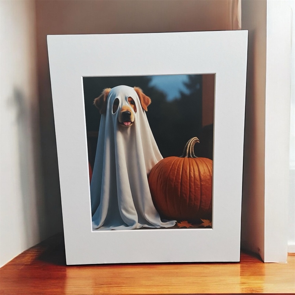 Golden Retriever Dog Dressed as a Ghost Photo Print 8x10 Matted to 11x14